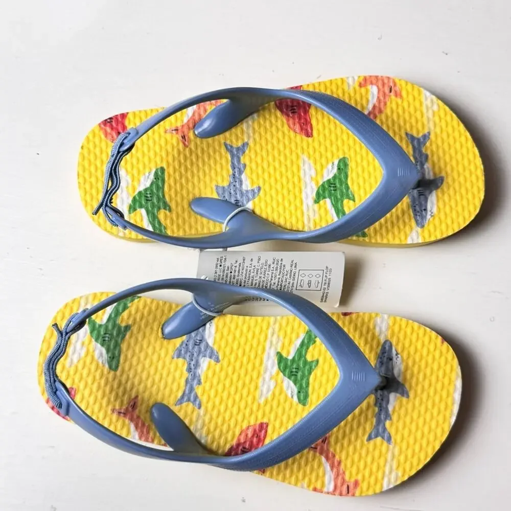 Kids Flip Flops with Shark Print - Blue and Yellow